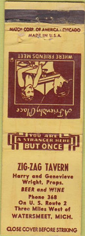 Matchbook Cover - Zig Zag Tavern Watersmeet MI