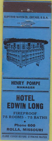 Matchbook Cover - Hotel Edwin Long Rolla MO blue