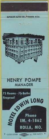 Matchbook Cover - Hotel Edwin Long Rolla MO light green WEAR