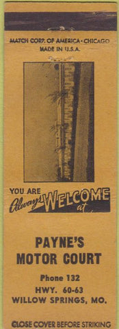 Matchbook Cover - Payne's Motor Court Willow Springs MO