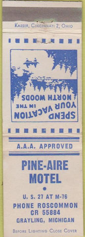 Matchbook Cover - Pine Aire Motel Grayling MI