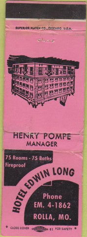 Matchbook Cover - Hotel Edwin Long Rolla MO pink WORN