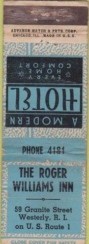 Matchbook Cover - Roger Williams Inn Westerly RI Advance WORN light blue