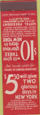 Matchbook Cover - Hotel President New York City Tourism