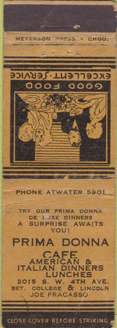 Matchbook Cover - Prima Donna Cafe NO TOWN