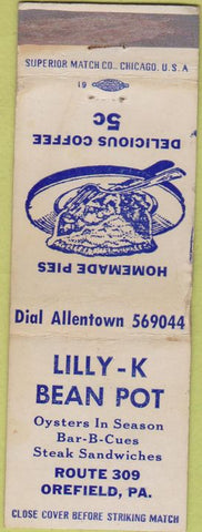 Matchbook Cover - Lilly K Bean Pot Orefield PA WEAR