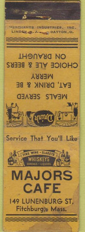 Matchbook Cover - Majors Cafe Fitchburg MA Merchants WORN