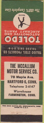 Matchbook Cover - Toledo Valves McCallum Motor Service Hartford Farmington CT