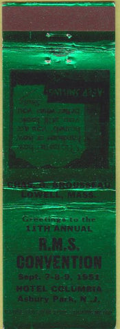 Matchbook Cover - RMS Convention Hotel Columbia Asbury Park NJ 1951 green