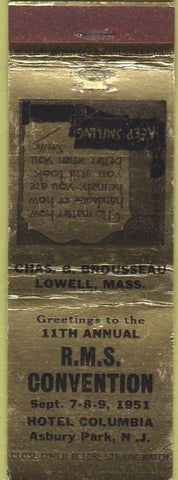 Matchbook Cover - RMS Convention Hotel Columbia Asbury Park NJ 1951 gold