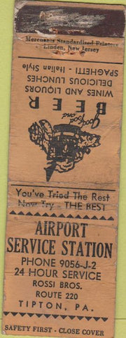 Matchbook Cover - Airport Service oil gas Tipton PA Safety First Merchants POOR