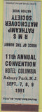 Matchbook Cover - RMS Convention Hotel Columbia Asbury Park NJ 1951 blue wood