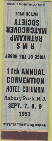 Matchbook Cover - RMS Convention Hotel Columbia Asbury Park NJ 1951 blue wood