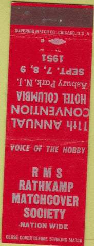 Matchbook Cover - RMS Convention Hotel Columbia Asbury Park NJ 1951 red