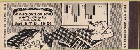Matchbook Cover - RMS Convention Hotel Columbia Asbury Park NJ 1951 Rosen White
