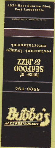 Matchbook Cover - Bubba's Jazz Restaurant Fort Lauderdale FL SAMPLE