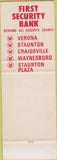 Matchbook Cover - First Security Bank  Verona Staunton Craigsville OH SAMPLE
