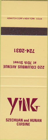 Matchbook Cover - Ying Szechuan Hunan Chinese Food New York City SAMPLE