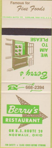 Matchbook Cover - Berry's Restaurant Norwalk OH SAMPLE