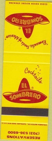 Matchbook Cover - El Sombrero  Mexican Food Falls Church VA SAMPLE