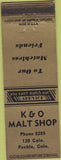 Matchbook Cover - K and O Malt Shop Pueblo CO