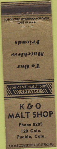 Matchbook Cover - K and O Malt Shop Pueblo CO