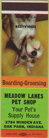 Matchbook Cover - Meadow Lanes Pet Shop Oak Park IN Schnauzer SAMPLE