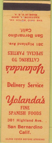 Matchbook Cover - Yolanda's Spanish Food San Bernardino CA