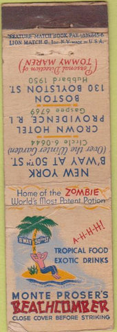 Matchbook Cover - Monte Proser's Beachcomber Providence RI NYC feature WORN