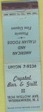 Matchbook Cover - Crystal Bar Grill Weehawken NJ