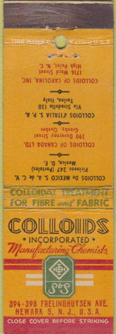 Matchbook Cover - Colloids Inc Manufacturing Chemicals Newark NJ High Point NC