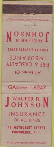Matchbook Cover - Walter Johnson Insurance Providence RI