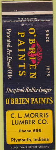 Matchbook Cover - O'Brien Paints CL Morris Lumber Plymouth IN