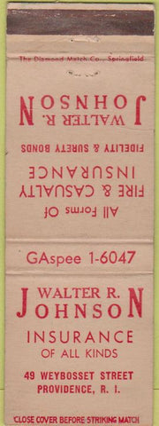 Matchbook Cover - Walter Johnson Insurance Providence RI