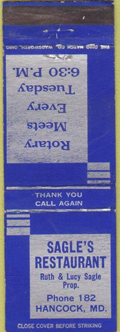 Matchbook Cover - Sagle's Restaurant Hancock MD