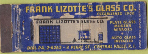 Matchbook Cover - Frank Lizotte's Glass Co Central Falls RI POOR