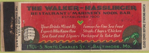 Matchbook Cover - Walker Hasslinger Restaurant Baltimore MD lobster WEAR