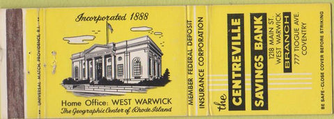 Matchbook Cover - Centreville Savings Bank Coventry West Warwick RI