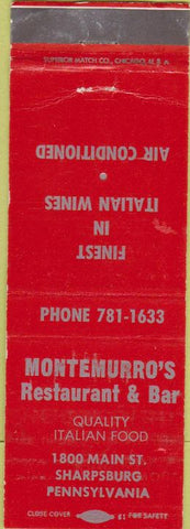 Matchbook Cover - Montemurro's Restaurant Bar Sharpsburg PA WEAR