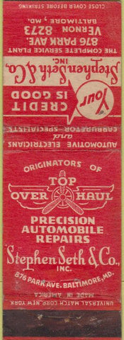 Matchbook Cover - Stephen Seth auto repair Baltimore MD WEAR