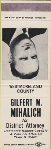 Matchbook Cover - Gilfert Mihalich District Attorney PA