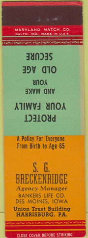 Matchbook Cover - SG Breckenridge Insurance Harrisburg PA Des Moines SAMPLE