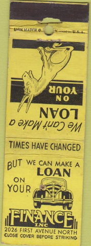 Matchbook Cover - Loan Finance NO TOWN WORN car