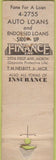 Matchbook Cover - Loan Finance NO TOWN WORN car