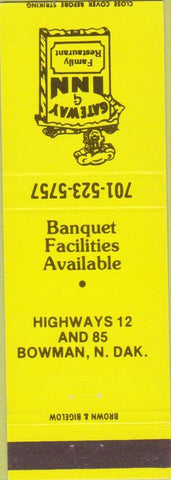 Matchbook Cover - Gateway Inn Restaurant Bowman ND