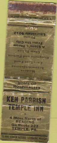 Matchbook Cover - Ken Parrish Temple Inn Temple PA WORN
