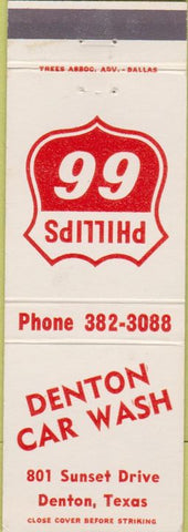 Matchbook Cover - Phillips 66 oil gas Denton TX Car Wash