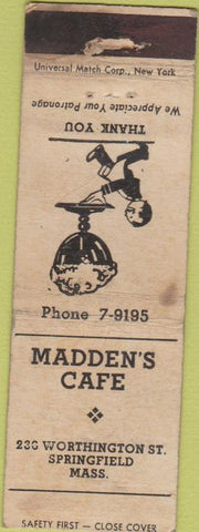 Matchbook Cover - Madden's Cafe Springfield MA Safety First WORN
