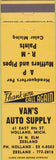 Matchbook Cover - Van's Auto Supply Holland Zeeland MI