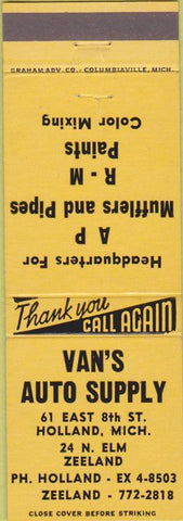 Matchbook Cover - Van's Auto Supply Holland Zeeland MI